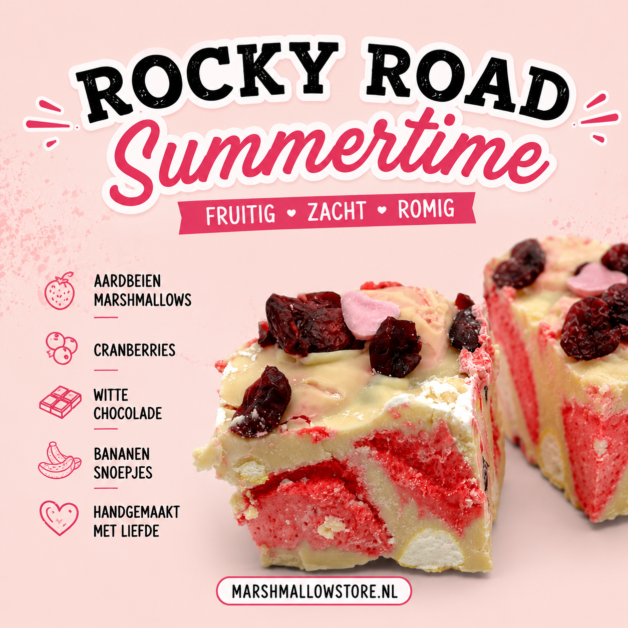 Rocky Road Summertime – Witte Chocolade, Aardbeien Marshmallows, Cranberries en Bananensnoepjes - Marshmallowstore.nl
